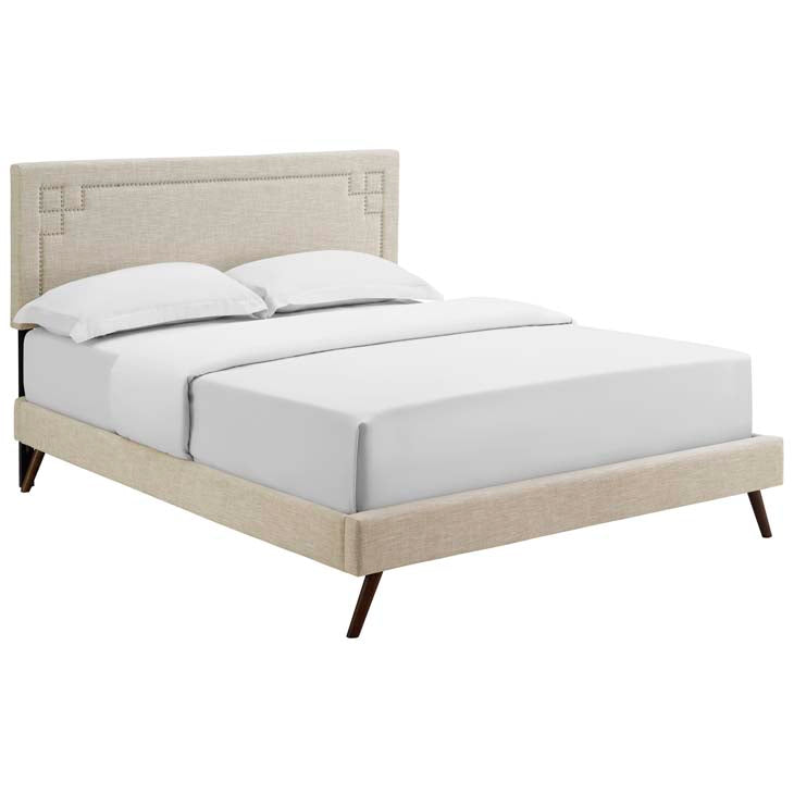 RUTHIE FABRIC PLATFORM BED WITH ROUND SPLAYED LEGS IN AZURE.