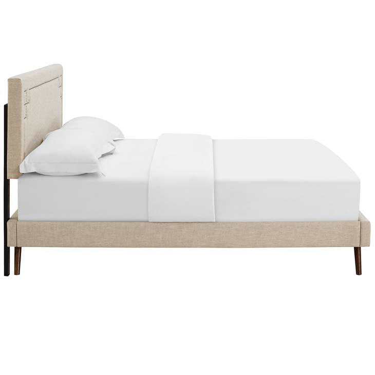 RUTHIE FABRIC PLATFORM BED WITH ROUND SPLAYED LEGS IN AZURE.