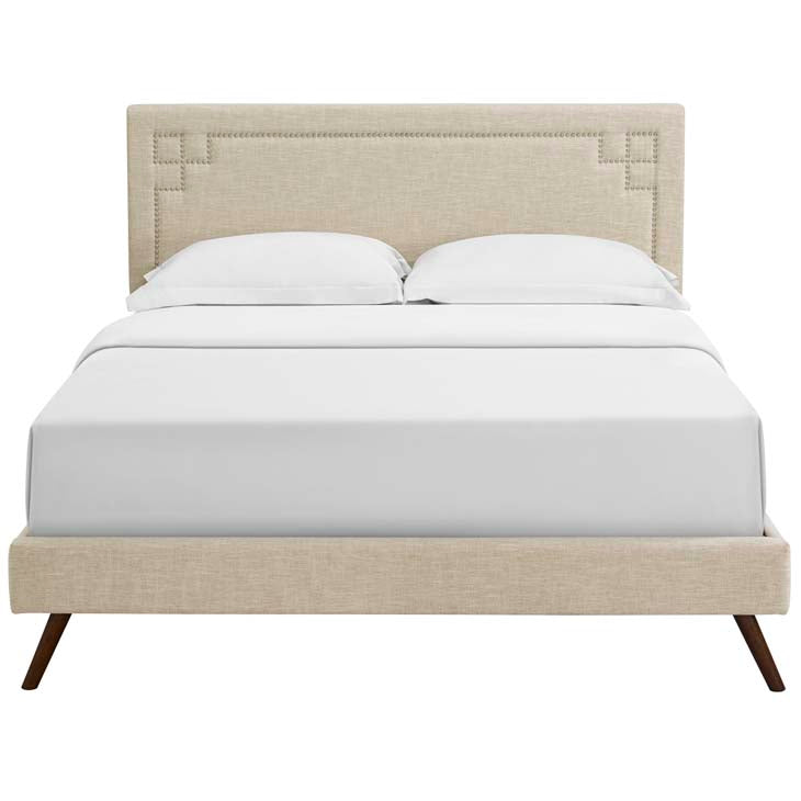 RUTHIE FABRIC PLATFORM BED WITH ROUND SPLAYED LEGS IN AZURE.