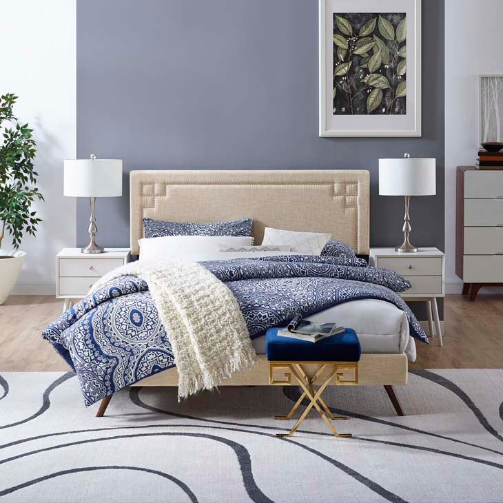 RUTHIE FABRIC PLATFORM BED WITH ROUND SPLAYED LEGS IN AZURE.