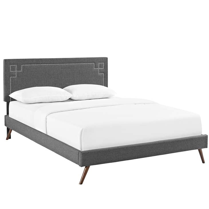 RUTHIE FABRIC PLATFORM BED WITH ROUND SPLAYED LEGS IN AZURE.