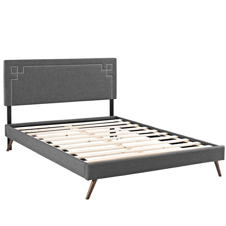 RUTHIE FABRIC PLATFORM BED WITH ROUND SPLAYED LEGS IN AZURE.