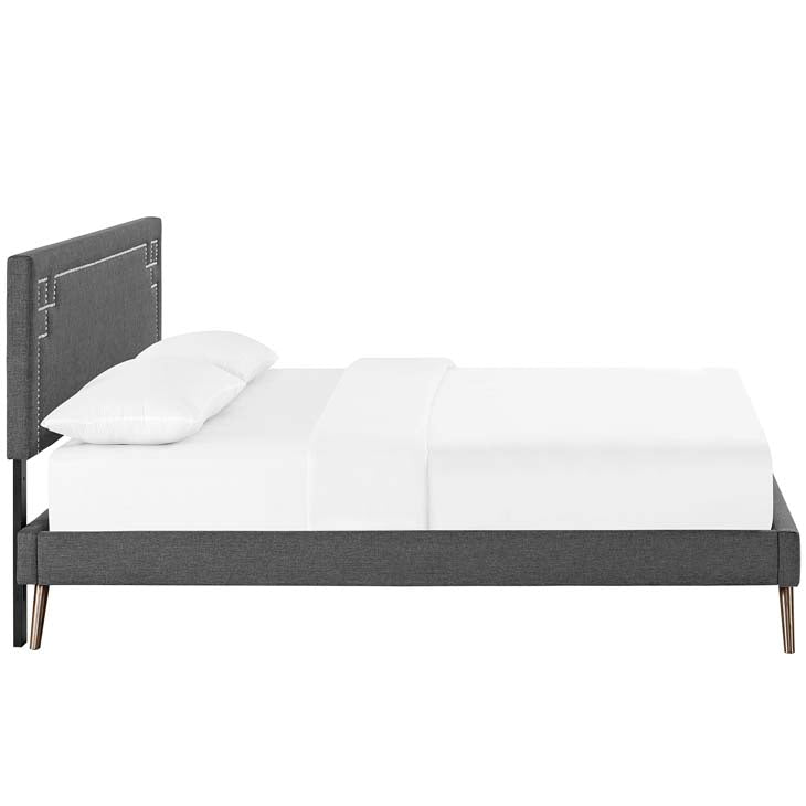 RUTHIE FABRIC PLATFORM BED WITH ROUND SPLAYED LEGS IN AZURE.