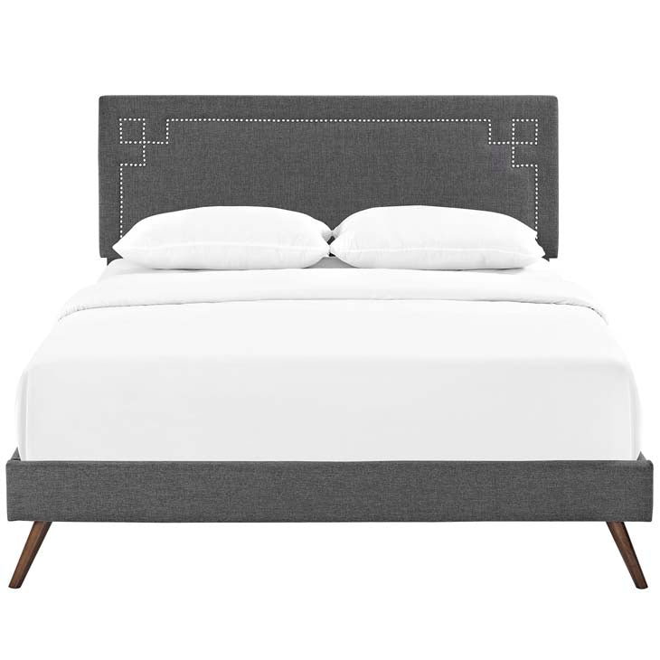RUTHIE FABRIC PLATFORM BED WITH ROUND SPLAYED LEGS IN AZURE.