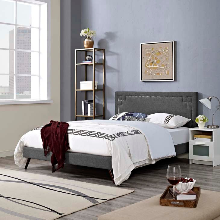 RUTHIE FABRIC PLATFORM BED WITH ROUND SPLAYED LEGS IN AZURE.
