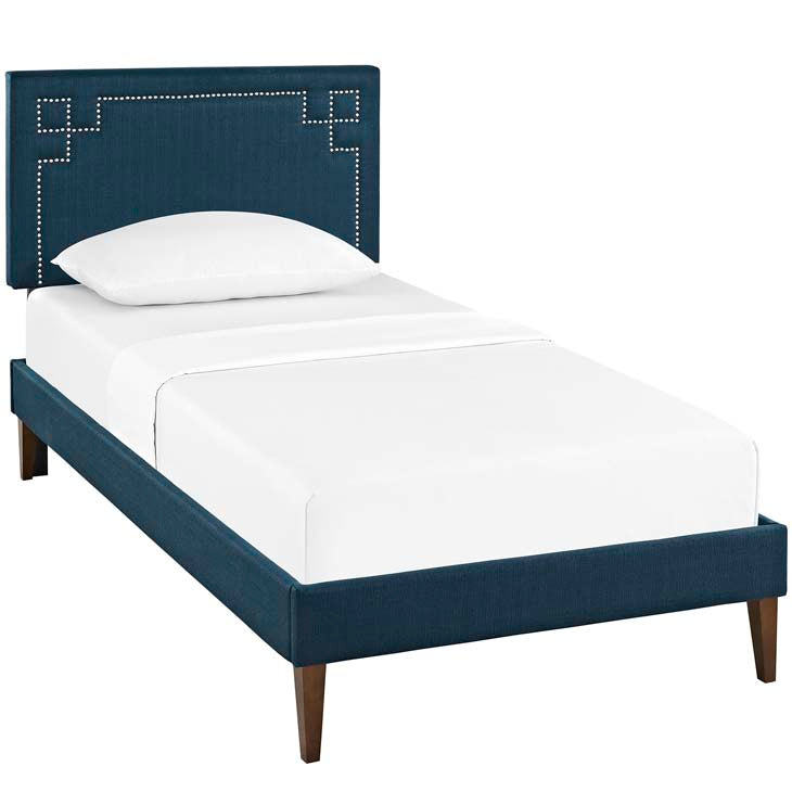 RUTHIE FABRIC PLATFORM BED WITH SQUARED TAPERED LEGS.