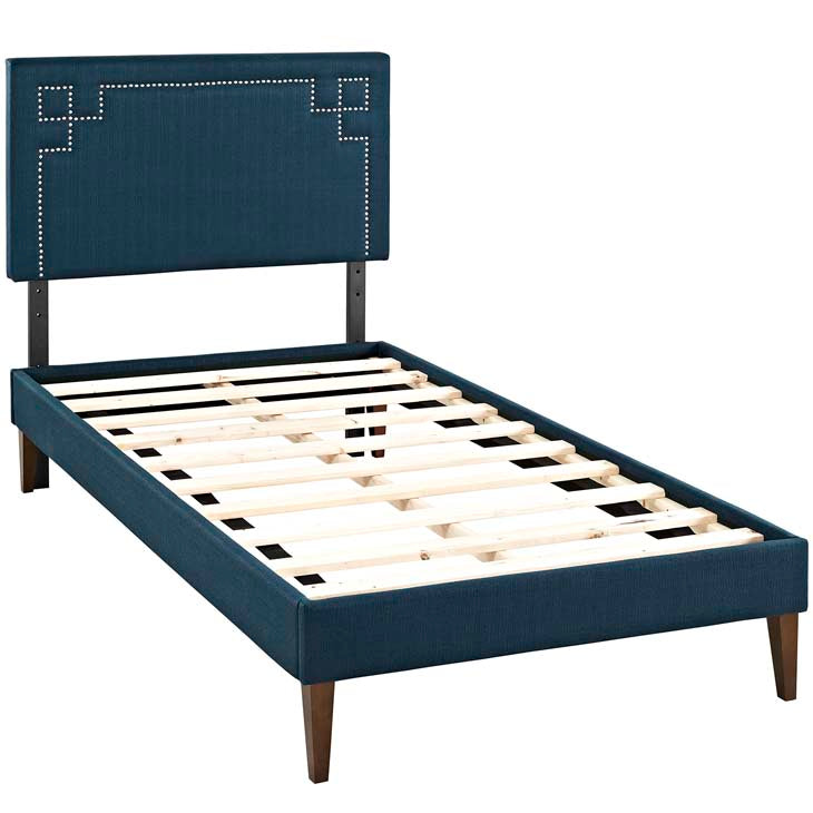 RUTHIE FABRIC PLATFORM BED WITH SQUARED TAPERED LEGS.