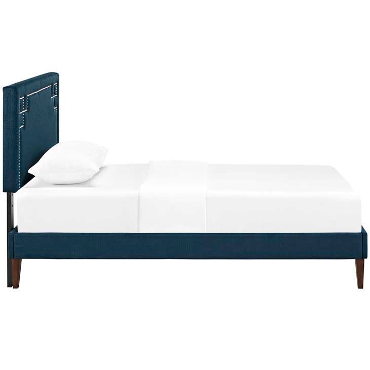 RUTHIE FABRIC PLATFORM BED WITH SQUARED TAPERED LEGS.