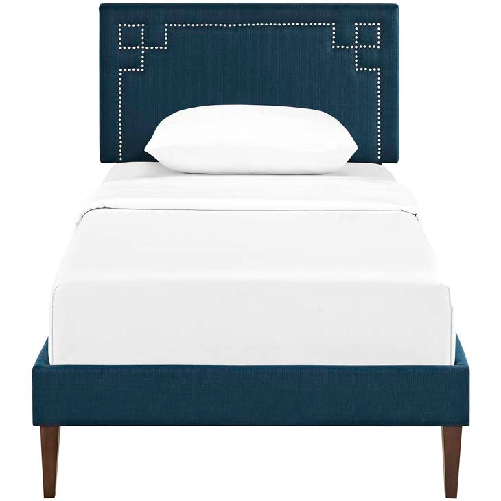 RUTHIE FABRIC PLATFORM BED WITH SQUARED TAPERED LEGS.
