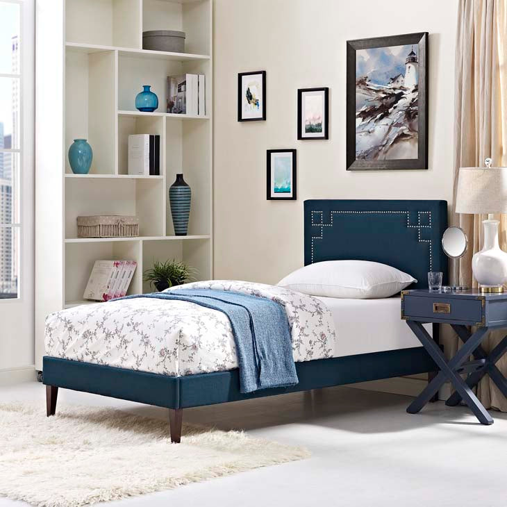 RUTHIE FABRIC PLATFORM BED WITH SQUARED TAPERED LEGS.