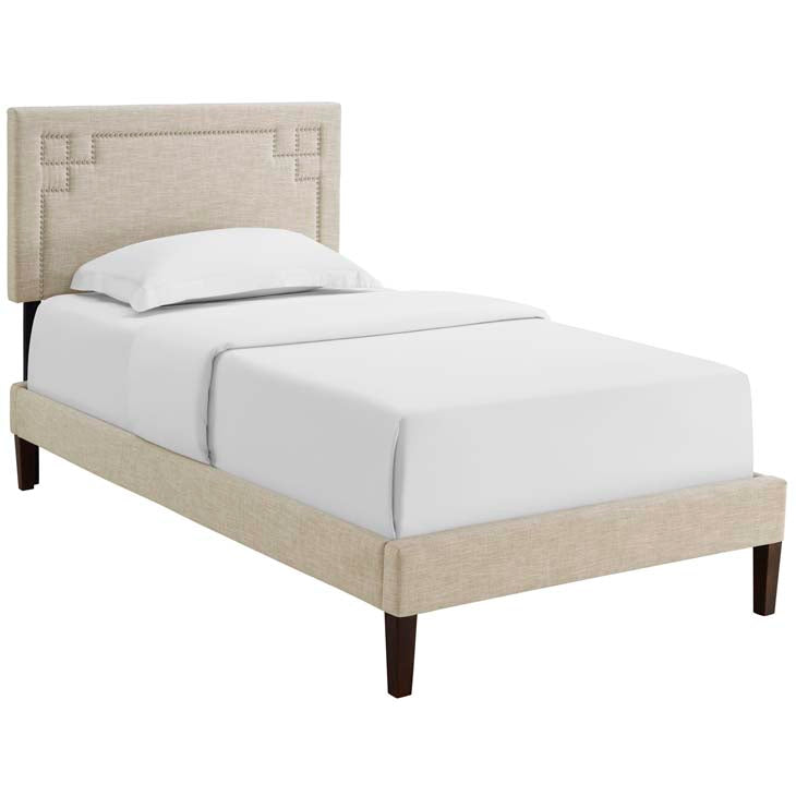 RUTHIE FABRIC PLATFORM BED WITH SQUARED TAPERED LEGS.