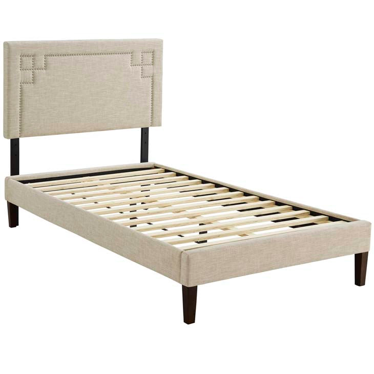 RUTHIE FABRIC PLATFORM BED WITH SQUARED TAPERED LEGS.