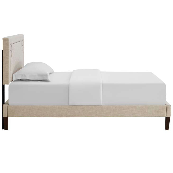 RUTHIE FABRIC PLATFORM BED WITH SQUARED TAPERED LEGS.