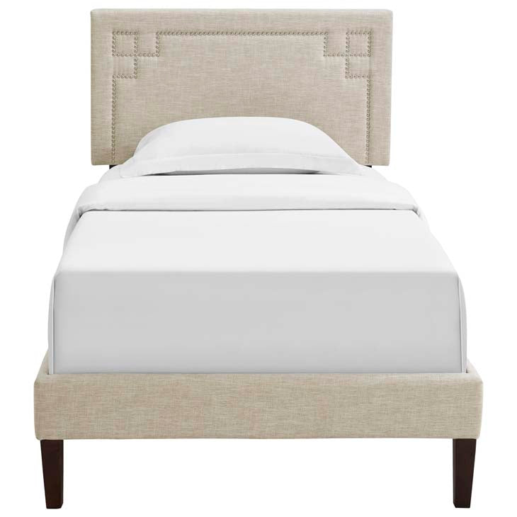 RUTHIE FABRIC PLATFORM BED WITH SQUARED TAPERED LEGS.
