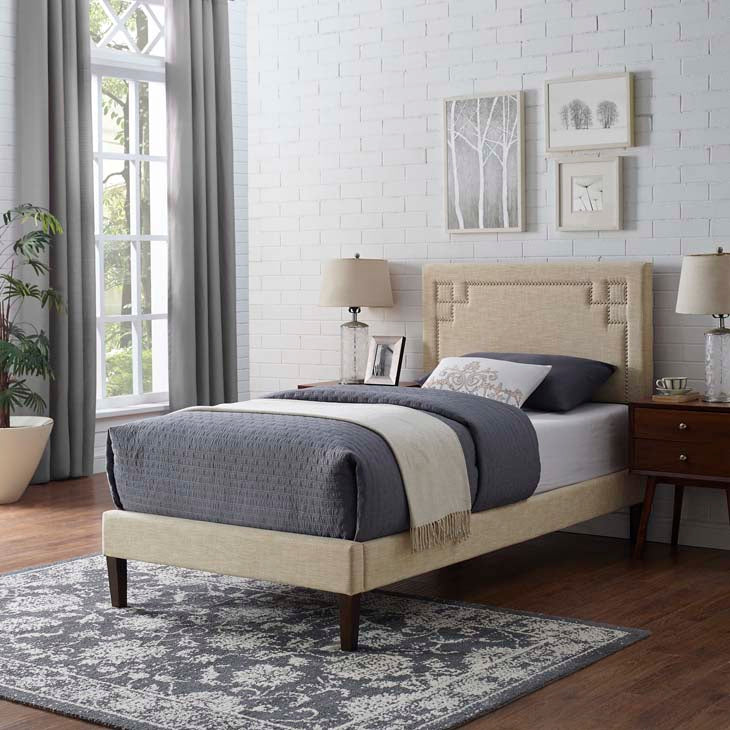 RUTHIE FABRIC PLATFORM BED WITH SQUARED TAPERED LEGS.