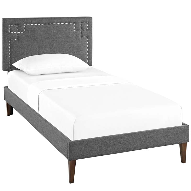 RUTHIE FABRIC PLATFORM BED WITH SQUARED TAPERED LEGS.