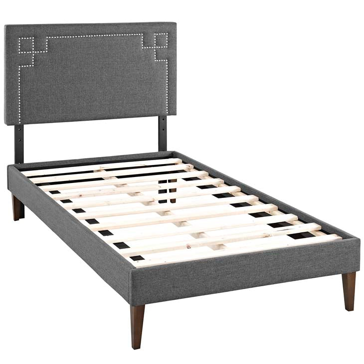 RUTHIE FABRIC PLATFORM BED WITH SQUARED TAPERED LEGS.