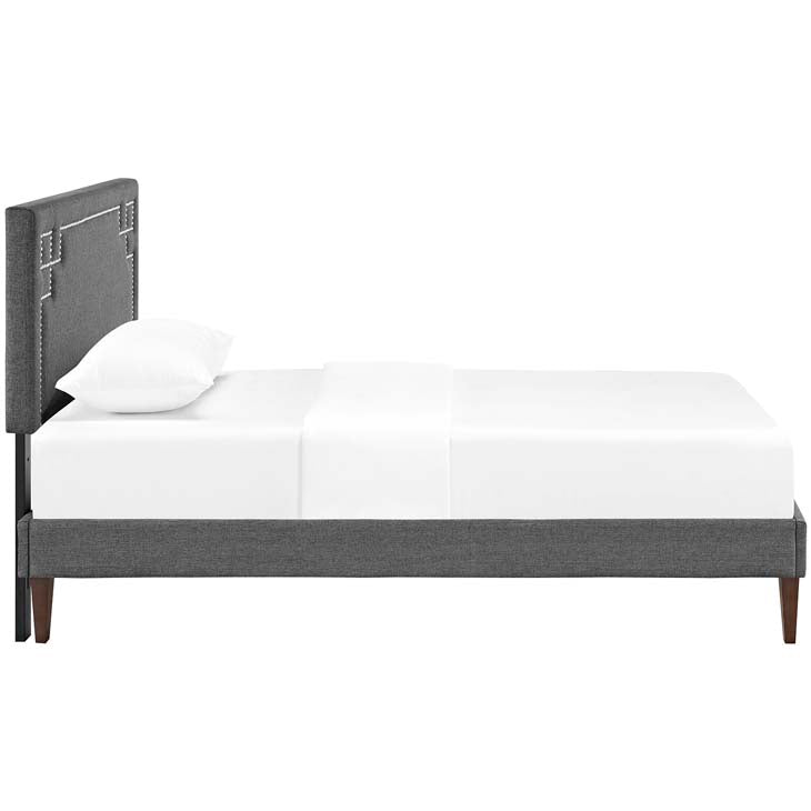 RUTHIE FABRIC PLATFORM BED WITH SQUARED TAPERED LEGS.