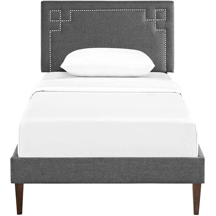 RUTHIE FABRIC PLATFORM BED WITH SQUARED TAPERED LEGS.