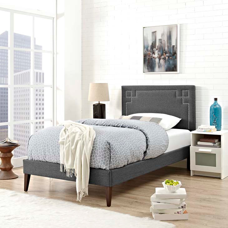 RUTHIE FABRIC PLATFORM BED WITH SQUARED TAPERED LEGS.