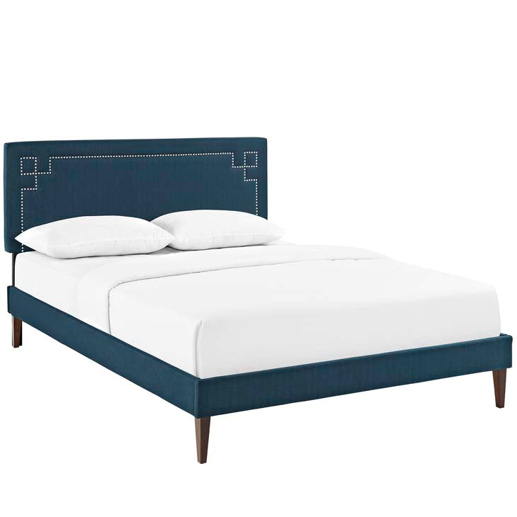 RUTHIE FABRIC PLATFORM BED WITH SQUARED TAPERED LEGS.