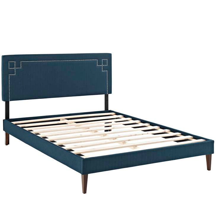 RUTHIE FABRIC PLATFORM BED WITH SQUARED TAPERED LEGS.