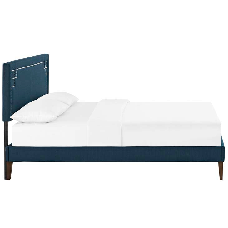 RUTHIE FABRIC PLATFORM BED WITH SQUARED TAPERED LEGS.