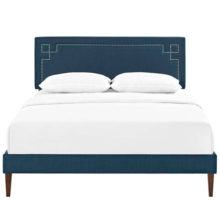 RUTHIE FABRIC PLATFORM BED WITH SQUARED TAPERED LEGS.