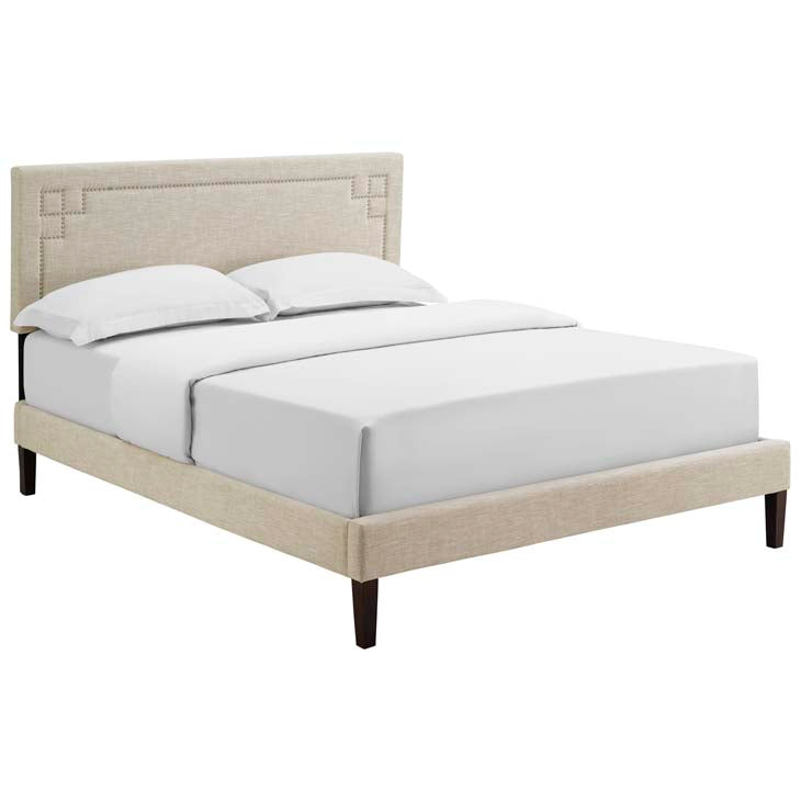 RUTHIE FABRIC PLATFORM BED WITH SQUARED TAPERED LEGS.