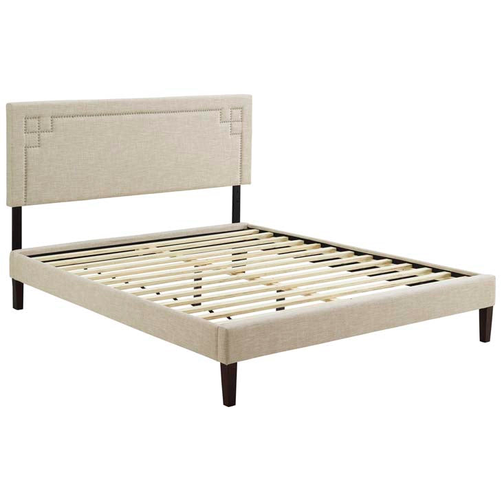 RUTHIE FABRIC PLATFORM BED WITH SQUARED TAPERED LEGS.