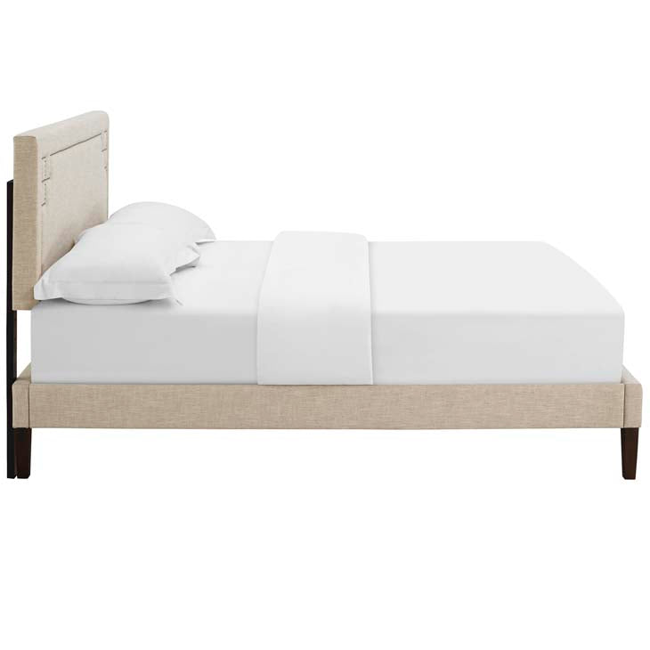 RUTHIE FABRIC PLATFORM BED WITH SQUARED TAPERED LEGS.