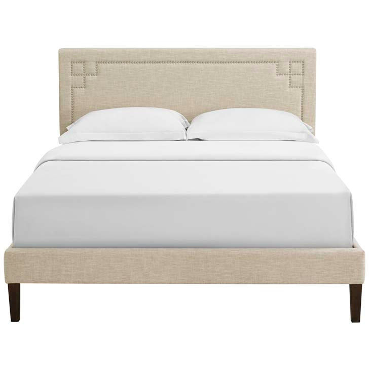 RUTHIE FABRIC PLATFORM BED WITH SQUARED TAPERED LEGS.
