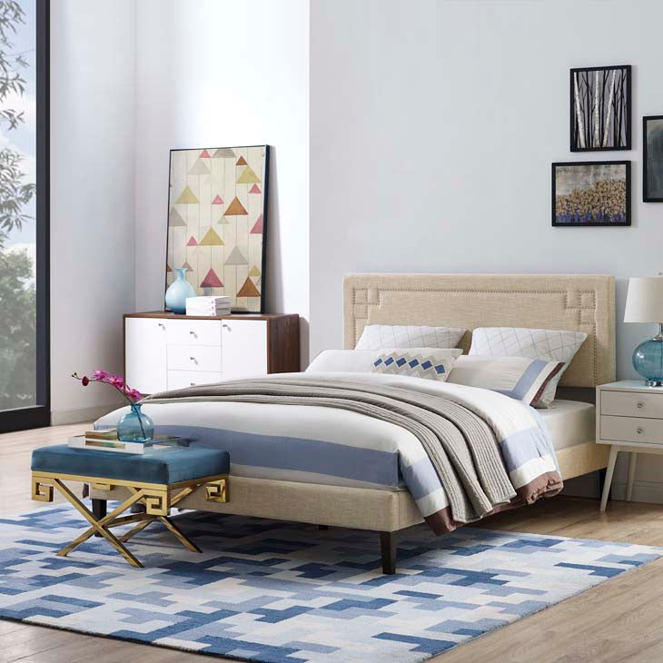 RUTHIE FABRIC PLATFORM BED WITH SQUARED TAPERED LEGS.
