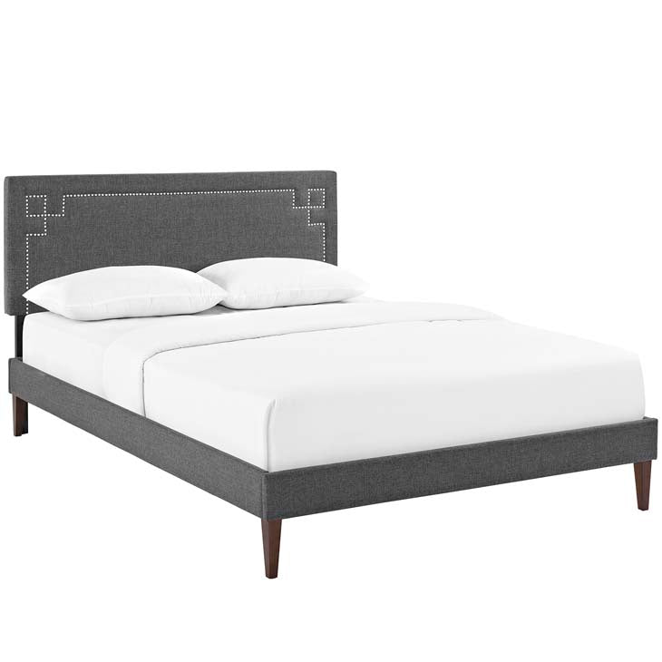 RUTHIE FABRIC PLATFORM BED WITH SQUARED TAPERED LEGS.