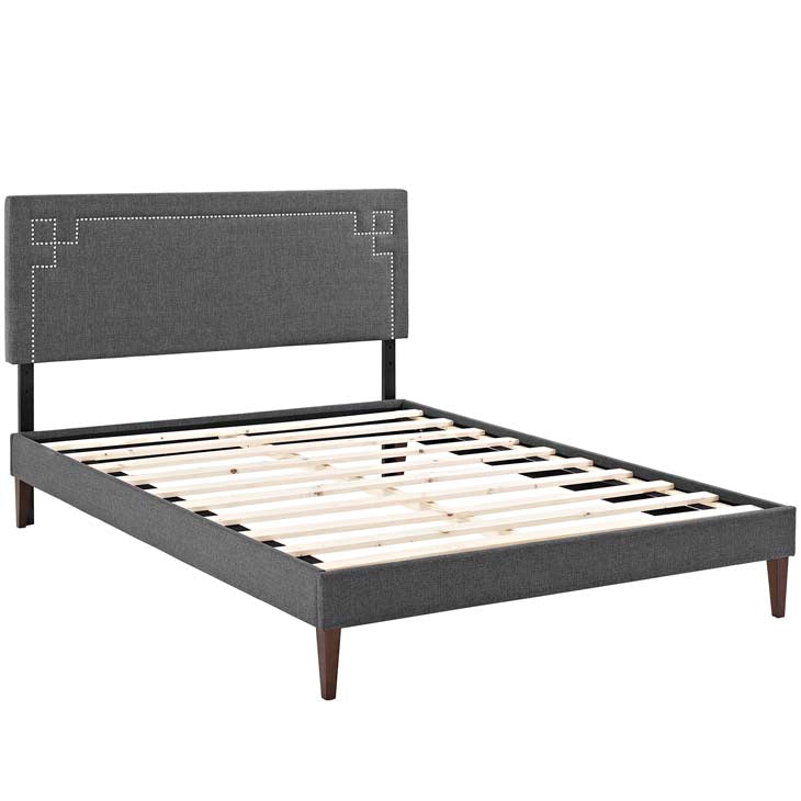 RUTHIE FABRIC PLATFORM BED WITH SQUARED TAPERED LEGS.