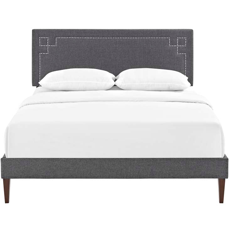 RUTHIE FABRIC PLATFORM BED WITH SQUARED TAPERED LEGS.