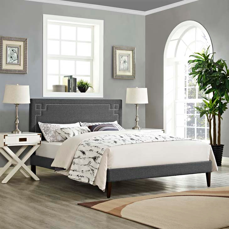 RUTHIE FABRIC PLATFORM BED WITH SQUARED TAPERED LEGS.