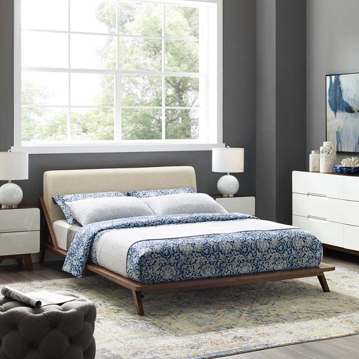 Luella Queen Upholstered Platform Bed in Walnut.
