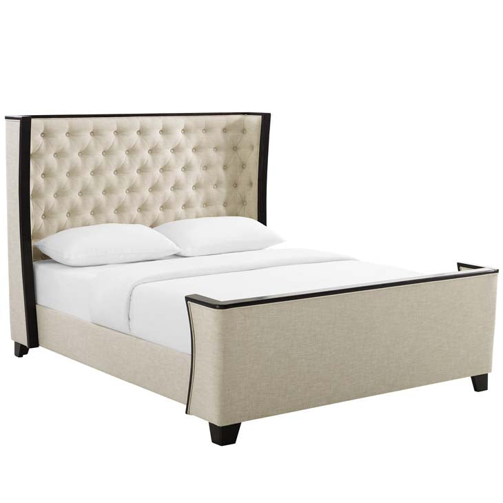 Galia Queen Upholstered Linen Fabric Platform Bed in Beige.