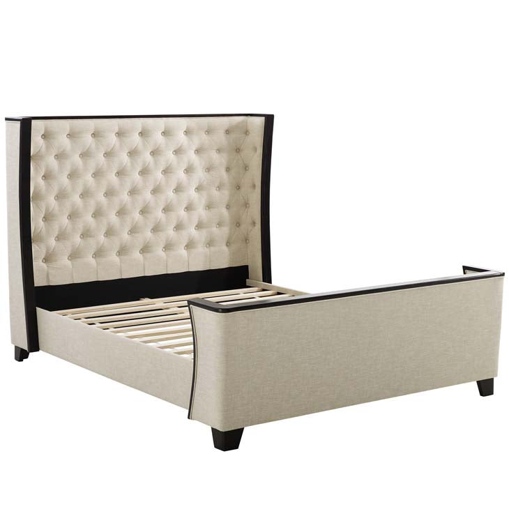 Galia Queen Upholstered Linen Fabric Platform Bed in Beige.