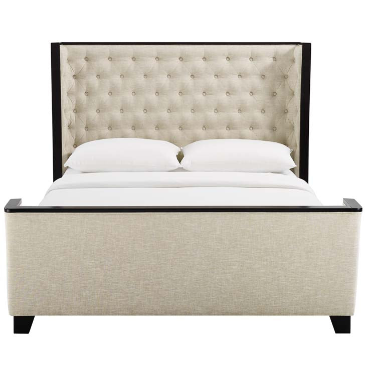 Galia Queen Upholstered Linen Fabric Platform Bed in Beige.
