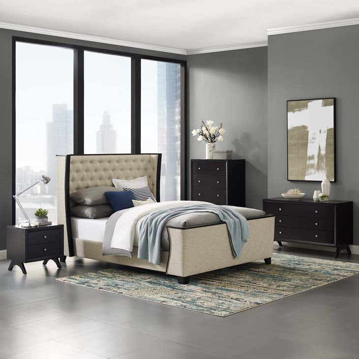 Galia Queen Upholstered Linen Fabric Platform Bed in Beige.