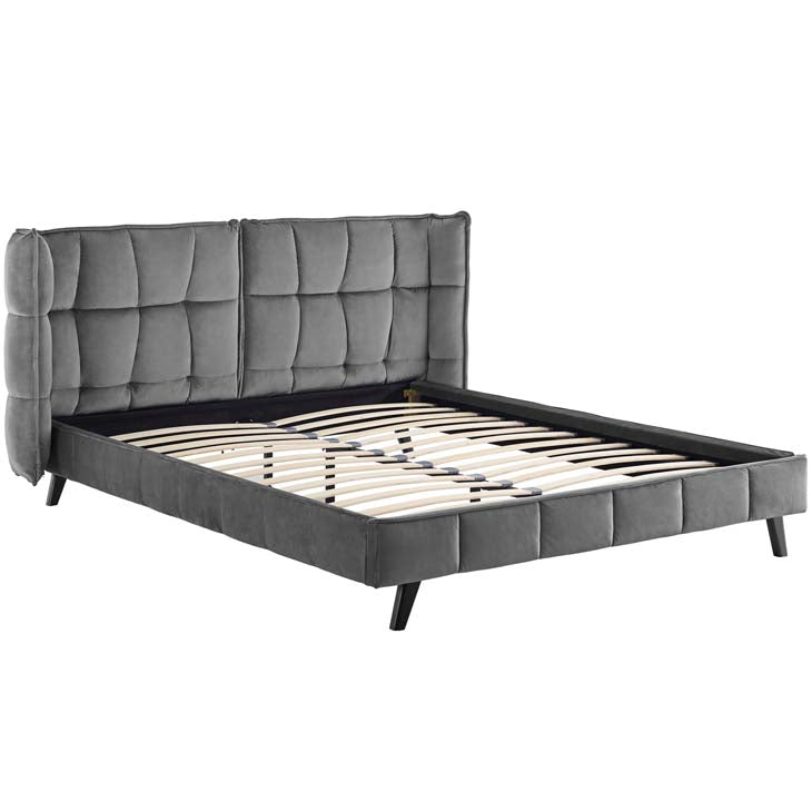 Makenna Queen Upholstered Platform Bed in Gray Velvet.