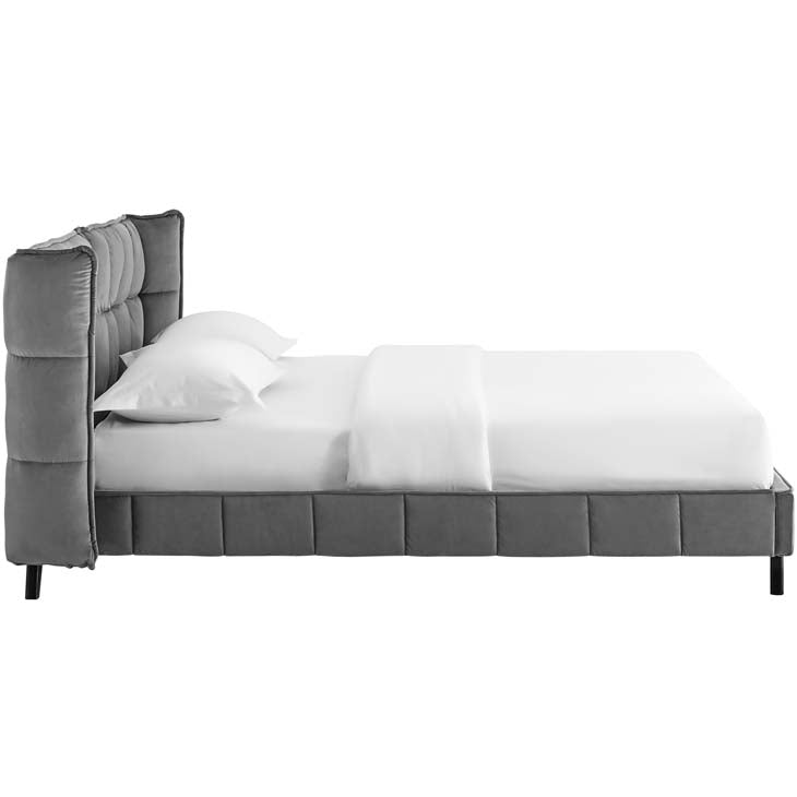 Makenna Queen Upholstered Platform Bed in Gray Velvet.