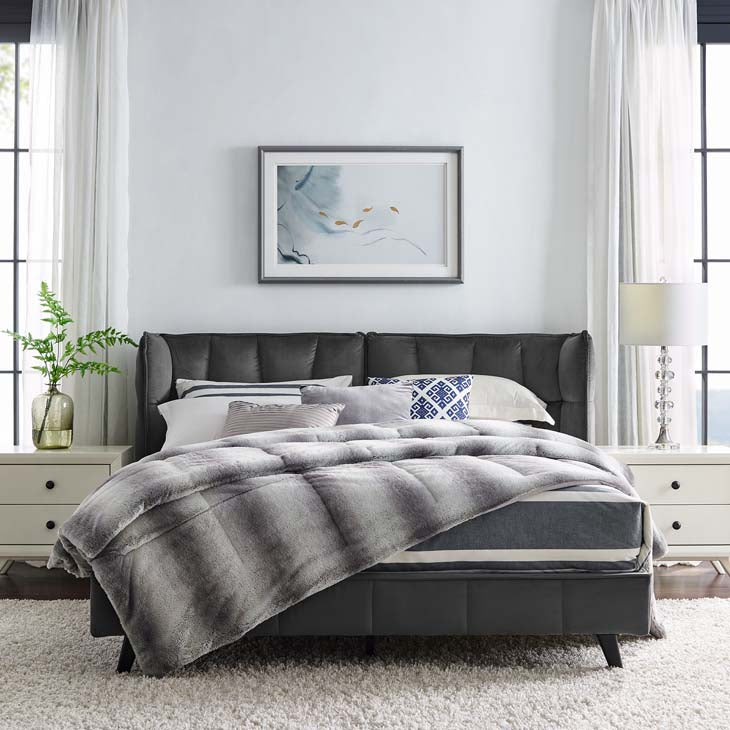 Makenna Queen Upholstered Platform Bed in Gray Velvet.