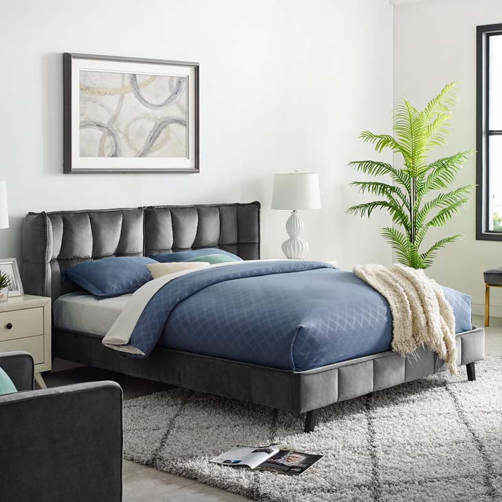 Makenna Queen Upholstered Platform Bed in Gray Velvet.