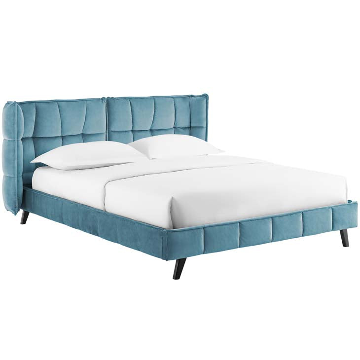 Makenna Queen Upholstered Platform Bed in Sea Velvet.