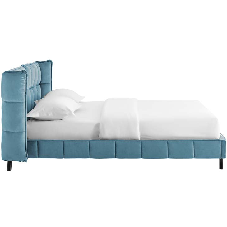 Makenna Queen Upholstered Platform Bed in Sea Velvet.
