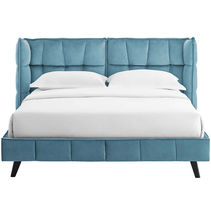 Makenna Queen Upholstered Platform Bed in Sea Velvet.