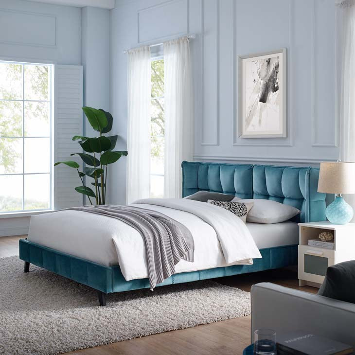 Makenna Queen Upholstered Platform Bed in Sea Velvet.